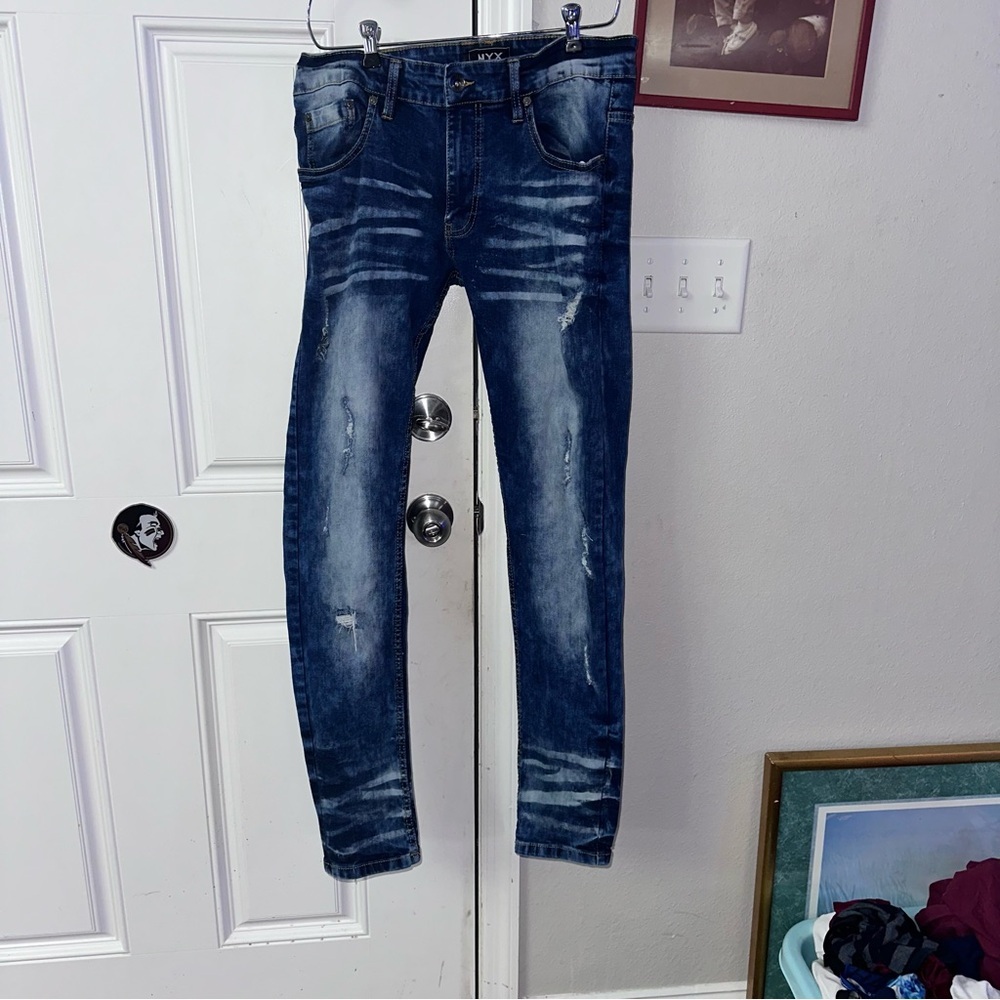 NYX Crafted Jeans Mens 32x32 Blue Excellent Distressed Ripped Slim Fit‎ Stretch
